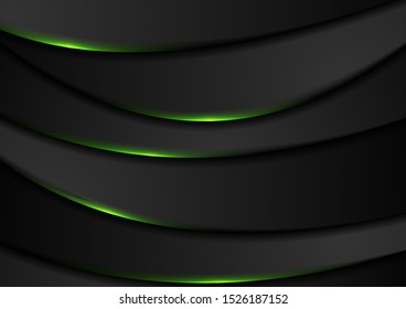 Black abstract wavy background with green neon glow light. Vector design