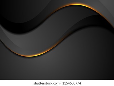 Fondo ondulado abstracto negro con luz de fuego naranja. Diseño de vectores