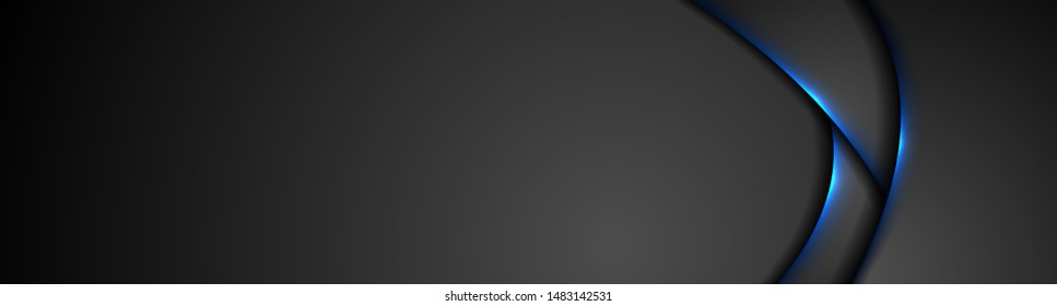 Schwarze abstrakte Webbanner-Kopfzeile mit blauem Neonlicht. Glühender technischer Hintergrund. Vektordesign