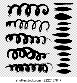 Black abstract wavy and different textured brush strokes set on imitation transparent background