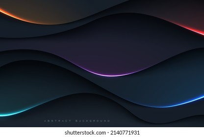 Black abstract wavy dimension background and color light decoration