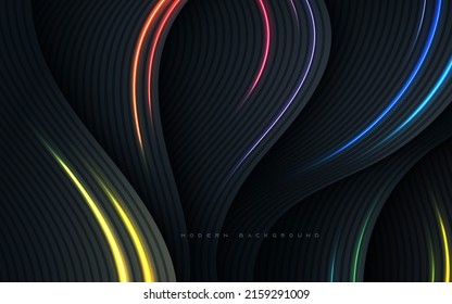 Black abstract wavy dimension background with colorful light decoration