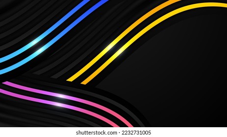 Black abstract wavy dimension background with colorful light decoration