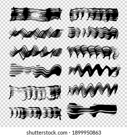Black abstract wavy and zigzag thick brush strokes on imitation transparent background