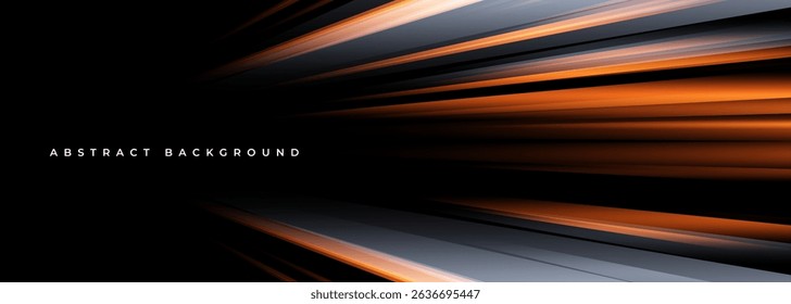 Black abstract wide background with orange and gray glowing high-speed light effect. Vector illustration banner design.
