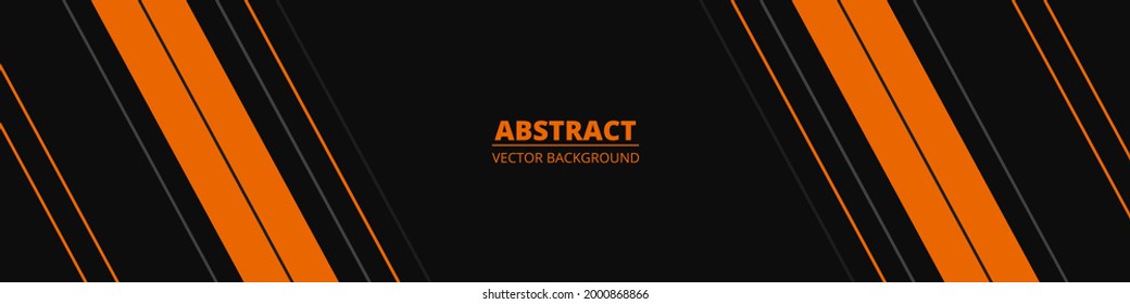 Black abstract wide horizontal banner with orange and gray lines, arrows and angles. Dark modern sporty bright futuristic horizontal abstract background. Wide vector illustration EPS10.