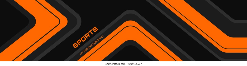 Black abstract wide horizontal banner with orange and gray lines, arrows and angles. Dark modern sporty bright futuristic horizontal abstract background. Wide vector illustration EPS10.