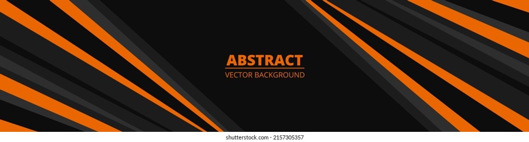 Black abstract wide horizontal banner with orange and gray lines. Dark modern sporty bright geometric horizontal abstract background. Vector illustration