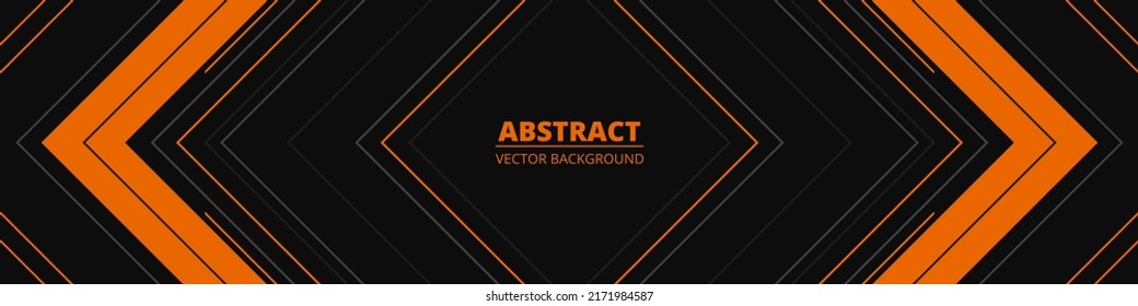 Black abstract wide horizontal banner with orange and gray lines, arrows and angles. Dark modern sporty bright futuristic horizontal abstract background. Wide vector illustration.