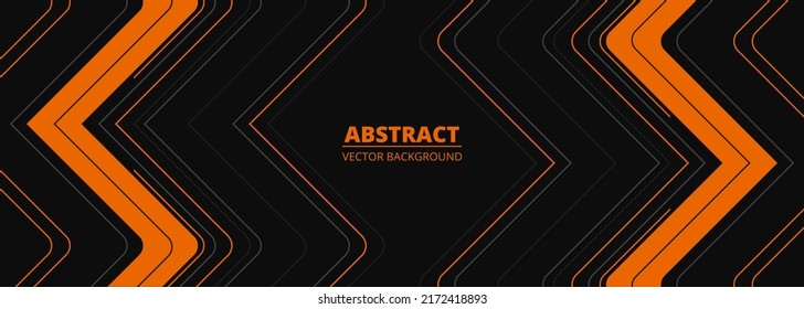 Black abstract wide horizontal banner and orange   gray lines  arrows   angles  Dark modern sporty bright futuristic horizontal abstract background  Wide vector illustration 
