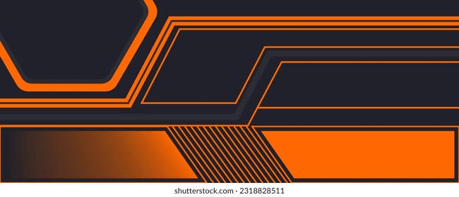 Black abstract wide horizontal banner with orange and gray lines, arrows and angles. Dark modern sporty bright futuristic abstract background. Wide vector illustration