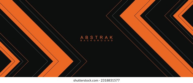 Banner horizontal amplio y abstracto negro con rayas, flechas y ángulos de color naranja y gris. Fondo abstracto vectorial elegante