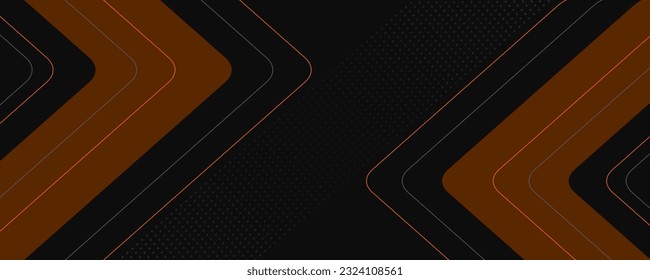 Black abstract wide horizontal banner with orange and gray lines, arrows and angles. Dark modern sporty bright futuristic abstract background. Wide vector illustration