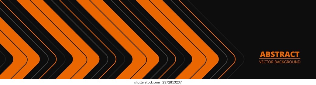 Black abstract wide horizontal banner with orange and gray lines, arrows and angles. Dark modern sporty bright futuristic horizontal abstract background. Wide vector illustration.