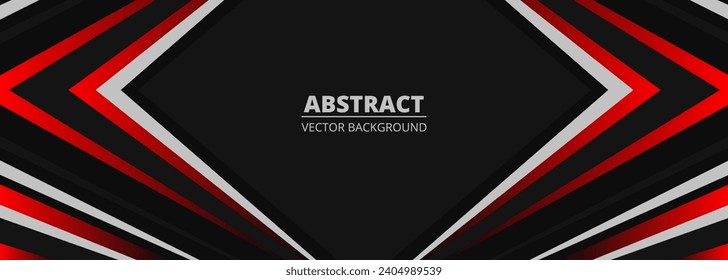 Black abstract wide horizontal banner with red and gray lines and shapes. Dark modern sporty bright futuristic horizontal abstract background. Wide vector illustration EPS10.