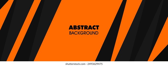 Black abstract wide horizontal banner with orange and gray lines and shapes. Dark modern sporty bright futuristic horizontal abstract background. Vector eps10 
