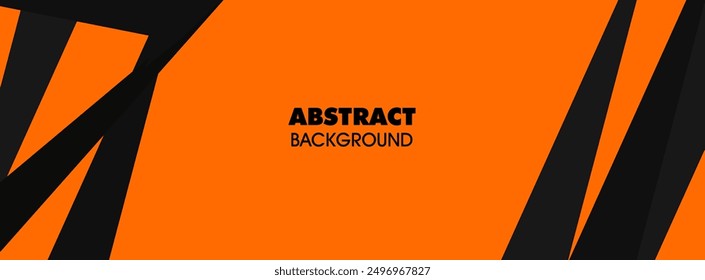 Black abstract wide horizontal banner with orange and gray lines and shapes. Dark modern sporty bright futuristic horizontal abstract background.