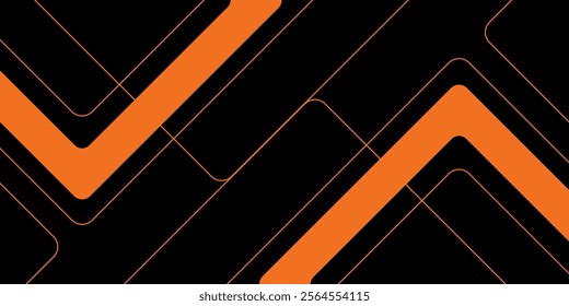 Black abstract wide horizontal banner with orange and gray lines, arrows and angles. Dark modern sporty bright futuristic abstract background. Wide vector