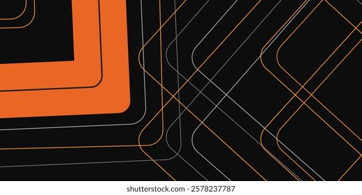 Black abstract wide horizontal banner with orange lines, arrows and corners Bright, modern and sporty futuristic abstract background. Wide vector