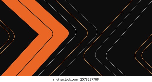 Black abstract wide horizontal banner with orange lines, arrows and corners Bright, modern and sporty futuristic abstract background. Wide vector