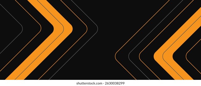 Black abstract wide horizontal banner with orange and gray lines, arrows and angles. Dark modern sporty bright futuristic abstract background. Wide vector illustration EPS10.