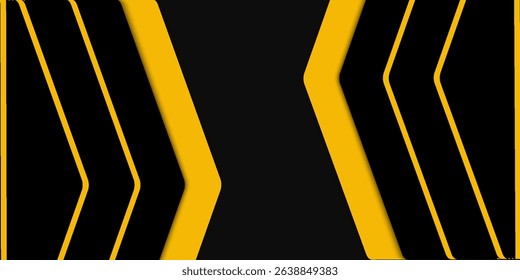 Black abstract wide horizontal banner with orange and gray lines, arrows and angles. Dark modern sporty bright futuristic abstract background. Wide vector illustration EPS10.