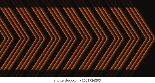 Black abstract wide horizontal banner with orange and gray lines, arrows and angles. Dark modern sporty bright futuristic abstract background. Wide vector illustration EPS10.
