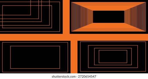 Black abstract wide horizontal banner with orange and gray lines, arrows and angles. Dark modern sporty bright futuristic abstract background. Wide vector

