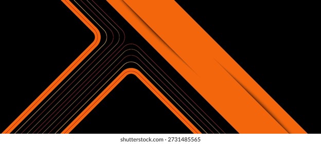 Schwarzes abstraktes breites horizontales Banner mit orangen und grauen Linien, Pfeilen und Winkeln. Dunkel modern sportlich hell futuristisch abstrakter Hintergrund. Breite Vektorgrafik EPS10.

