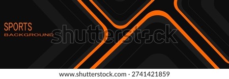 Black abstract wide horizontal banner with orange and gray lines, arrows and angles. Dark modern sporty bright futuristic horizontal abstract background. 
