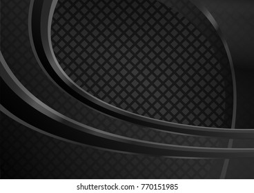 Black abstrasct background with geometric texture and curve elements. Vector illustration.