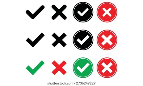 Schwarz akzeptieren Checkliste-Symbol-Set genehmigen, Rotes Kreuz Zeichen und Symbol, deaktivieren Sie Kontrollkästchen und genehmigen Kontrollkästchen-Button Design, bunt rot, schwarz und grün, eps Vektorgrafik-Design, 