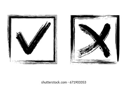 Black acceptance and rejection symbol vector buttons for vote, election choice. Symbolic approval icons in square black cells. Cross and tick signs, check marks design.