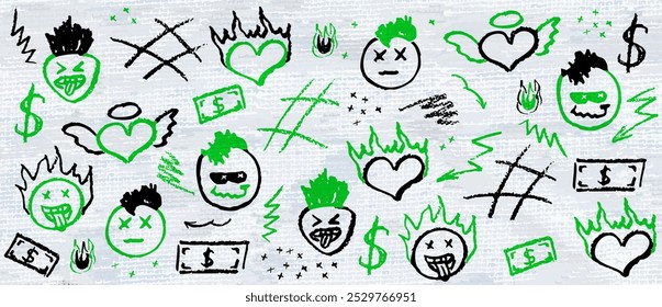 Black and acid green wax crayon drawing grafitti elements. Marker drawing retro rock elements. Vector charcoal outline symbols cute heart, mohawk hairs, mouth stick out tongue on the paper wall