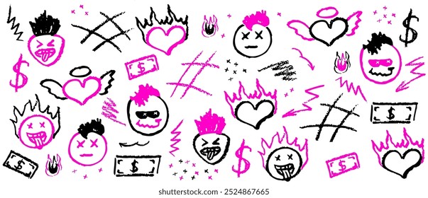 Black and acid pink wax crayon drawing grafitti elements. Marker drawing retro rock elements. Vector charcoal outline symbols cute heart, mohawk hairs, mouth stick out tongue on the paper wall