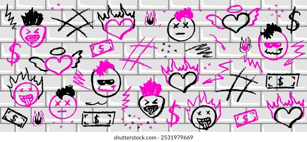 Black and acid pink wax crayon drawing grafitti elements. Marker drawing retro rock elements. Vector charcoal outline symbols cute heart, mohawk hairs, mouth stick out tongue on the tile wall