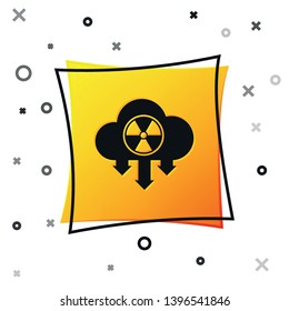 Black Acid rain and radioactive cloud icon isolated on white background. Effects of toxic air pollution on the environment. Yellow square button. Vector Illustration