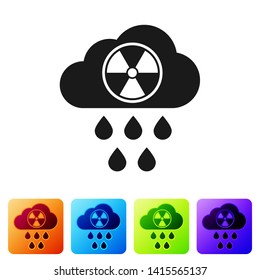 Black Acid rain and radioactive cloud icon isolated on white background. Effects of toxic air pollution on the environment. Set icon in color square buttons. Vector Illustration