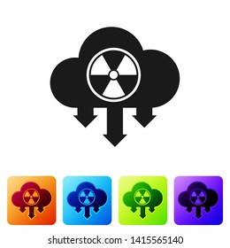 Black Acid rain and radioactive cloud icon isolated on white background. Effects of toxic air pollution on the environment. Set icon in color square buttons. Vector Illustration