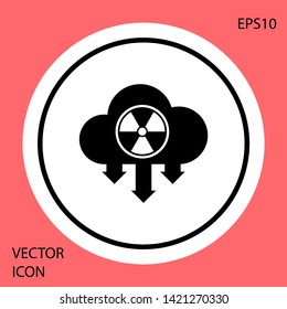 Black Acid rain and radioactive cloud icon isolated on red background. Effects of toxic air pollution on the environment. White circle button. Vector Illustration