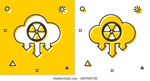 Black Acid rain and radioactive cloud icon isolated on yellow and white background. Effects of toxic air pollution on the environment. Random dynamic shapes. Vector Illustration