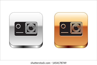 Black Action extreme camera icon isolated on white background. Video camera equipment for filming extreme sports. Silver-gold square button. Vector Illustration