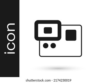Black Action extreme camera icon isolated on white background. Video camera equipment for filming extreme sports.  Vector