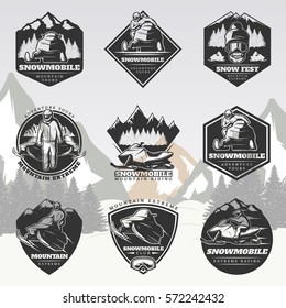 Black active leisure vintage logos set with drivers riding snowmobiles and skull on winter landscape isolated vector illustration