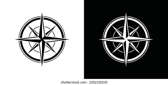 Vector de icono de brújula en blanco y negro. dirección del viento en el mar con el logotipo de silueta de la ilustración de la brújula vectorial

