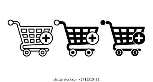Negro añadir al Paquete de íconos de Carrito que representa acciones de comercio electrónico, selección de productos y procesos de compra digital.