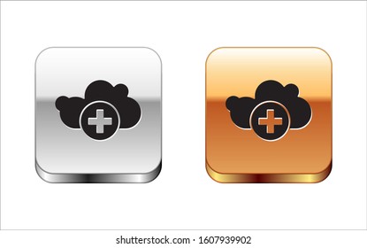 Black Add cloud icon isolated on white background. Data storage on the cloud. Silver-gold square button. Vector Illustration