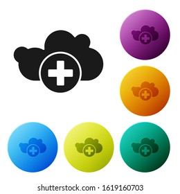 Black Add cloud icon isolated on white background. Data storage on the cloud. Set icons colorful circle buttons. Vector Illustration