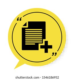 Black Add new file icon isolated on white background. Copy document icon. Yellow speech bubble symbol. Vector Illustration