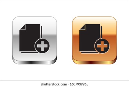 Black Add new file icon isolated on white background. Copy document icon. Silver-gold square button. Vector Illustration